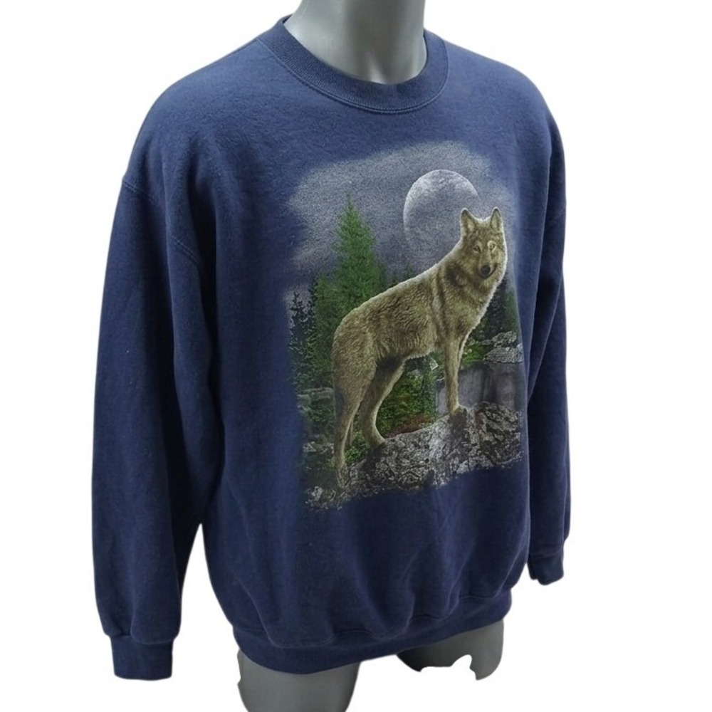 Jerzees NuBlend Mens Large Navy Blue Wolf Moon Graphic Crewneck Sweatshirt